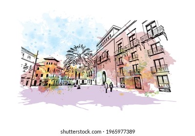Building view with landmark of Elche is a city in southeast Spain. Watercolor splash with hand drawn sketch illustration in vector.