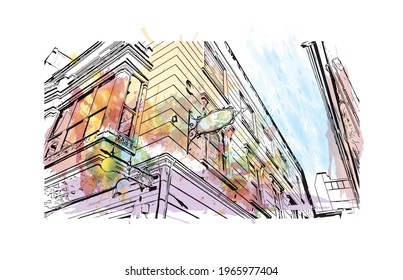 Building view with landmark of Elche is a city in southeast Spain. Watercolor splash with hand drawn sketch illustration in vector.