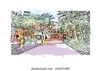 Building view with landmark of Elche is a city in southeast Spain. Watercolor splash with hand drawn sketch illustration in vector.