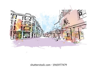 Building view with landmark of Elche is a city in southeast Spain. Watercolor splash with hand drawn sketch illustration in vector.