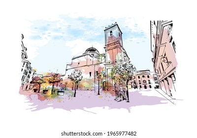 Building view with landmark of Elche is a city in southeast Spain. Watercolor splash with hand drawn sketch illustration in vector.