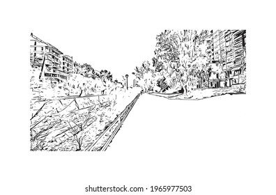 Building view with landmark of Elche is a city in southeast Spain. Hand drawn sketch illustration in vector.