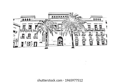 Building view with landmark of Elche is a city in southeast Spain. Hand drawn sketch illustration in vector.