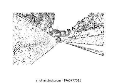 Building view with landmark of Elche is a city in southeast Spain. Hand drawn sketch illustration in vector.