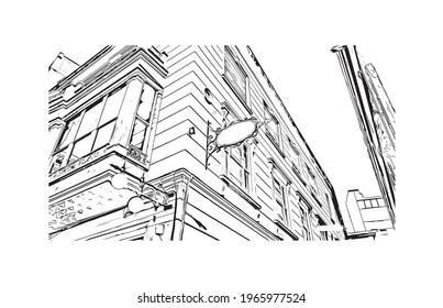 Building view with landmark of Elche is a city in southeast Spain. Hand drawn sketch illustration in vector.