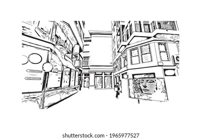 Building view with landmark of Elche is a city in southeast Spain. Hand drawn sketch illustration in vector.