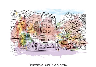 Building view with landmark of Elche is a city in southeast Spain. Watercolor splash with hand drawn sketch illustration in vector.
