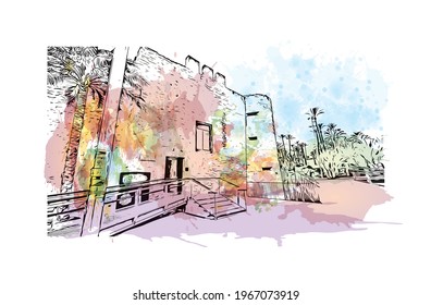 Building view with landmark of Elche is a city in southeast Spain. Watercolor splash with hand drawn sketch illustration in vector.
