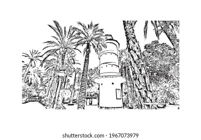 Building view with landmark of Elche is a city in southeast Spain. Hand drawn sketch illustration in vector.