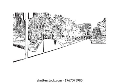 Building view with landmark of Elche is a city in southeast Spain. Hand drawn sketch illustration in vector.