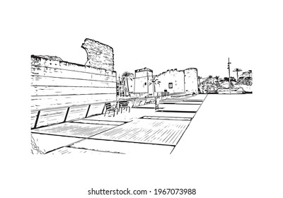 Building view with landmark of Elche is a city in southeast Spain. Hand drawn sketch illustration in vector.