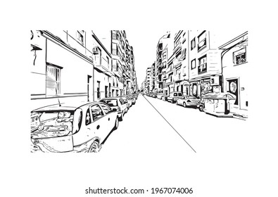 Building view with landmark of Elche is a city in southeast Spain. Hand drawn sketch illustration in vector.