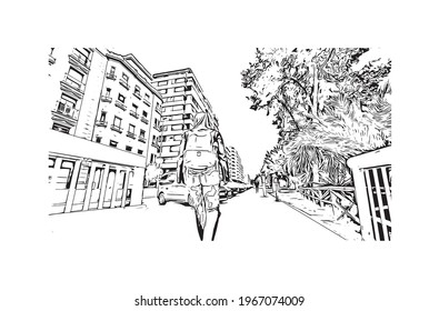 Building view with landmark of Elche is a city in southeast Spain. Hand drawn sketch illustration in vector.