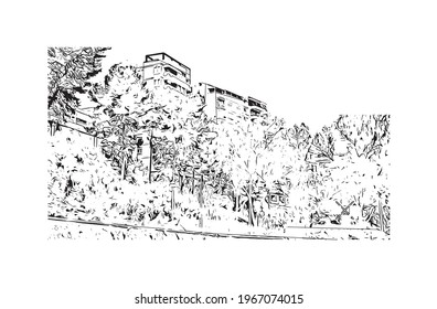 Vista de edificios con monumentos de Elche es una ciudad al sureste de España. Dibujo a mano de ilustración de esbozo en vector.