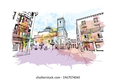 Bausicht mit Wahrzeichen von Elche ist eine Stadt im Südosten Spaniens. Aquarellspritzer mit handgezeichneter Skizzengrafik in Vektorgrafik.