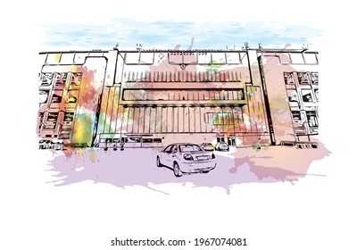 Building view with landmark of Elche is a city in southeast Spain. Watercolor splash with hand drawn sketch illustration in vector.