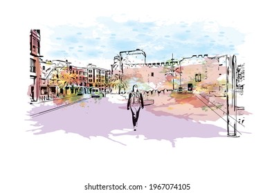 Building view with landmark of Elche is a city in southeast Spain. Watercolor splash with hand drawn sketch illustration in vector.