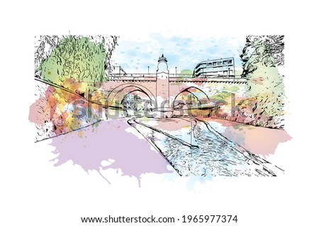 Building view with landmark of Elche is a city in southeast Spain. Watercolor splash with hand drawn sketch illustration in vector.