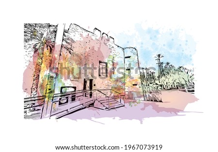 Building view with landmark of Elche is a city in southeast Spain. Watercolor splash with hand drawn sketch illustration in vector.
