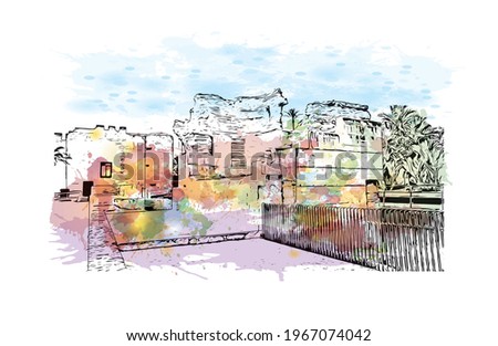 Building view with landmark of Elche is a city in southeast Spain. Watercolor splash with hand drawn sketch illustration in vector.