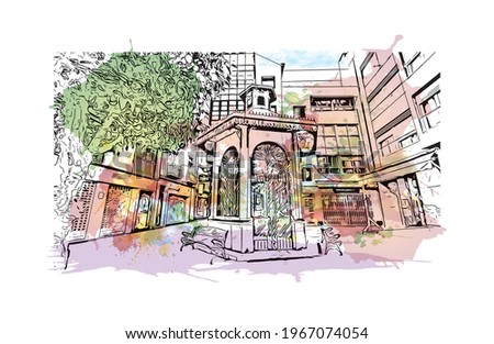Building view with landmark of Elche is a city in southeast Spain. Watercolor splash with hand drawn sketch illustration in vector.