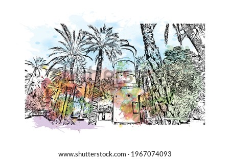 Building view with landmark of Elche is a city in southeast Spain. Watercolor splash with hand drawn sketch illustration in vector.