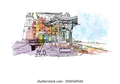 Building view with landmark of Elista is the 
city in Russia. Watercolor splash with hand drawn sketch illustration in vector.