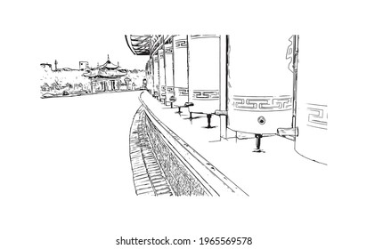 Building view with landmark of Elista is the 
city in Russia. Hand drawn sketch illustration in vector.
