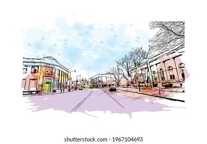 Building view with landmark of Elizabeth is the 
city in New Jersey. Watercolor splash with hand drawn sketch illustration in vector.