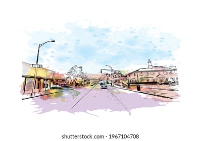 Building view with landmark of Elizabeth is the 
city in New Jersey. Watercolor splash with hand drawn sketch illustration in vector.