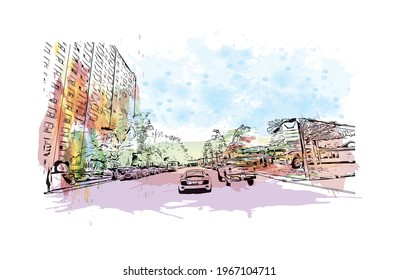 Building view with landmark of Elizabeth is the 
city in New Jersey. Watercolor splash with hand drawn sketch illustration in vector.