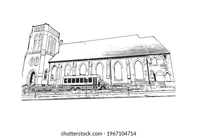 Building view with landmark of Elizabeth is the 
city in New Jersey. Hand drawn sketch illustration in vector.