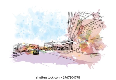 Building view with landmark of Elizabeth is the 
city in New Jersey. Watercolor splash with hand drawn sketch illustration in vector.