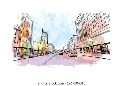Building view with landmark of Elizabeth is the 
city in New Jersey. Watercolor splash with hand drawn sketch illustration in vector.