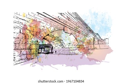 Building view with landmark of Elizabeth is the 
city in New Jersey. Watercolor splash with hand drawn sketch illustration in vector.