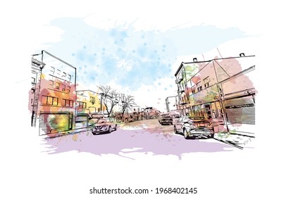 Building view with landmark of Elizabeth is the 
city in New Jersey. Watercolor spalsh with hand drawn 