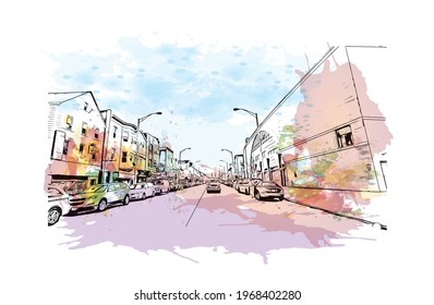 Building view with landmark of Elizabeth is the 
city in New Jersey. Watercolor spalsh with hand drawn 