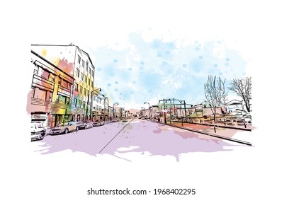 Building view with landmark of Elizabeth is the 
city in New Jersey. Watercolor spalsh with hand drawn 
