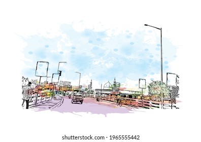 Building view with landmark of Eluru is the 
city in India. watercolour splash with hand drawn sketch illustration in vector.