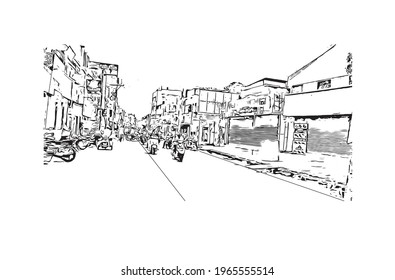 Building view with landmark of Eluru is the 
city in India. Hand drawn sketch illustration in vector.