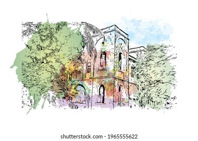 Building view with landmark of Eluru is the 
city in India. watercolour splash with hand drawn sketch illustration in vector.
