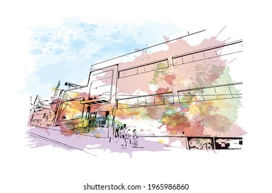 Building view with landmark of Embu das Artes is the 
municipality in Brazil. Watercolor splash with hand drawn sketch illustration in vector.