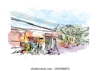 Building view with landmark of Embu das Artes is the 
municipality in Brazil. Watercolor splash with hand drawn sketch illustration in vector.