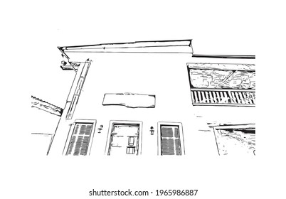 Building view with landmark of Embu das Artes is the 
municipality in Brazil. Hand drawn sketch illustration in vector.