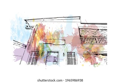 Bausicht mit Wahrzeichen der Embu das Artes ist die 
Gemeinde in Brasilien. Aquarellspritzer mit handgezeichneter Skizzengrafik in Vektorgrafik.