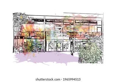 Building view with landmark of Emmen is the 
municipality in the Netherlands. Watercolor splash with hand drawn sketch illustration in vector.