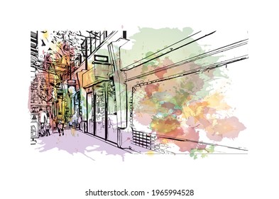 Der Blick auf das Gebäude mit Wahrzeichen von Emmen ist der 
Gemeinde in den Niederlanden. Aquarellspritzer mit handgezeichneter Skizzengrafik in Vektorgrafik.