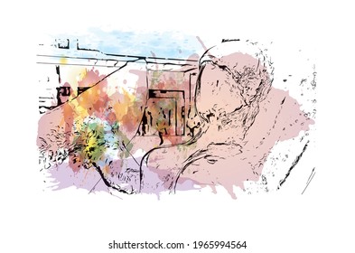 Building view with landmark of Emmen is the 
municipality in the Netherlands. Watercolor splash with hand drawn sketch illustration in vector.