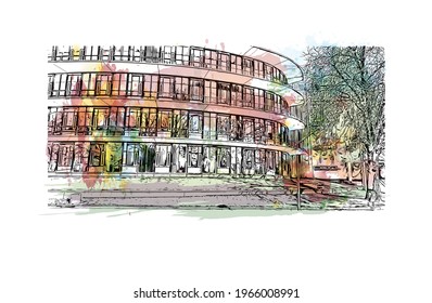 Building view with landmark of Enschede is the 
municipality in the Netherlands. Watercolor splash with hand drawn sketch illustration in vector.