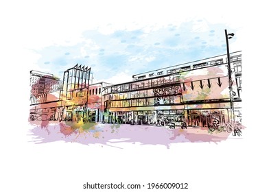 Building view with landmark of Enschede is the 
municipality in the Netherlands. Watercolor splash with hand drawn sketch illustration in vector.
